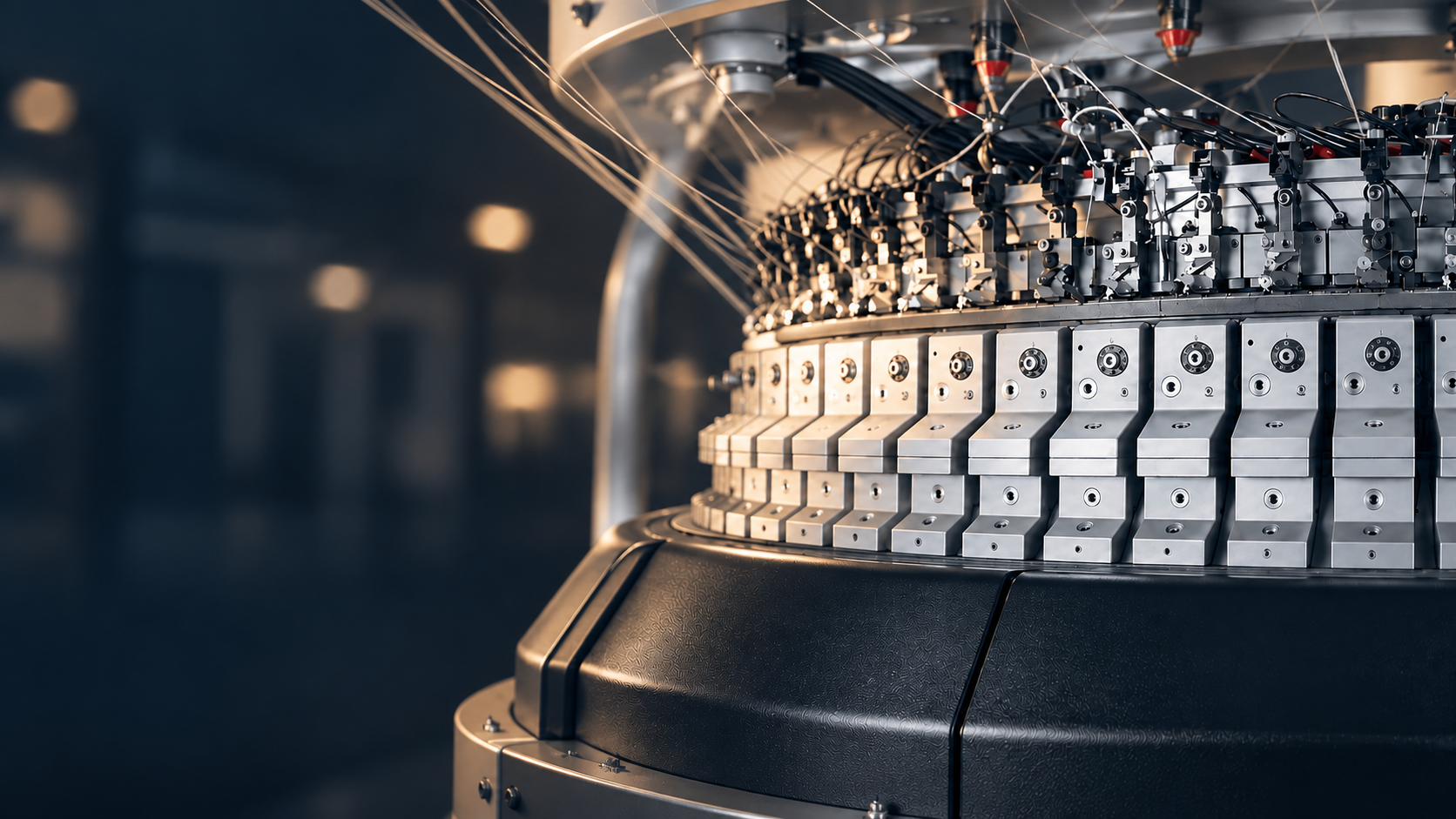 Close-up of a circular knitting machine at work